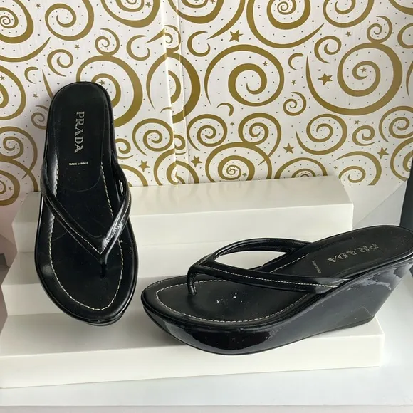 Prada Black Wedge Sandals with Thong Strap