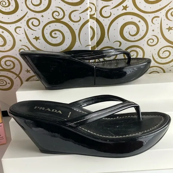 Prada Black Wedge Sandals with Thong Strap