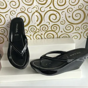 Prada Black Wedge Sandals with Thong Strap