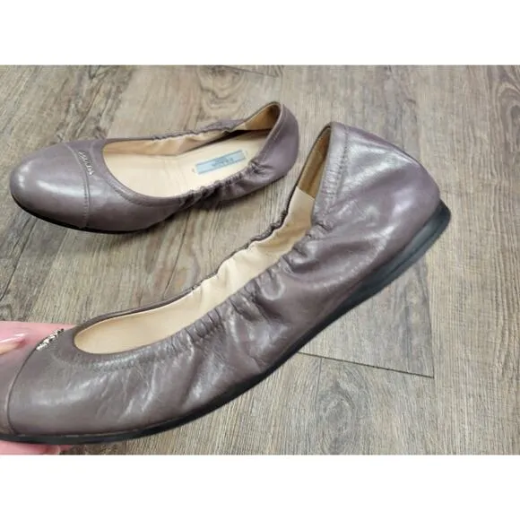 PRADA Cap Toe Logo Gray Leather Ballet Flats Shoes Ballerina Euro 37 - US 6.5