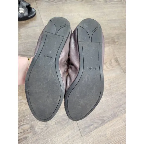 PRADA Cap Toe Logo Gray Leather Ballet Flats Shoes Ballerina Euro 37 - US 6.5