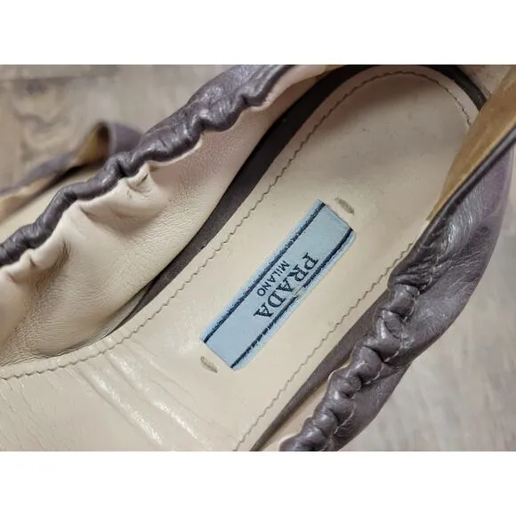 PRADA Cap Toe Logo Gray Leather Ballet Flats Shoes Ballerina Euro 37 - US 6.5