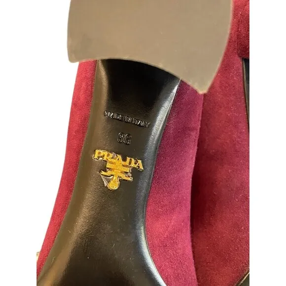 PRADA EUC Calzature‎ Donna Mary Jane Block Heel Pump Shoe burgandy Suede EUR 36