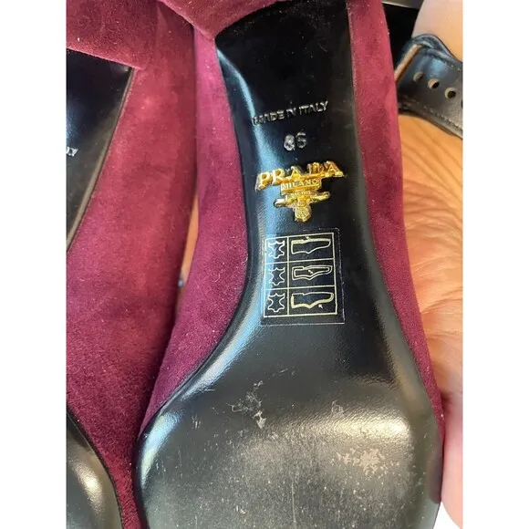 PRADA EUC Calzature‎ Donna Mary Jane Block Heel Pump Shoe burgandy Suede EUR 36