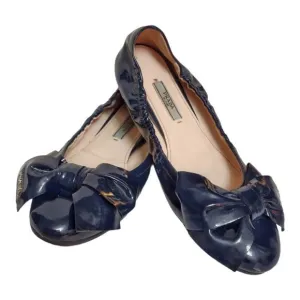 PRADA Navy Flats w/ Bows Elasticized Patent Leather Balletcore Shoes EU Sz 38.5