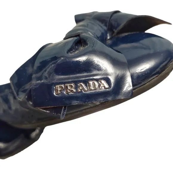 PRADA Navy Flats w/ Bows Elasticized Patent Leather Balletcore Shoes EU Sz 38.5
