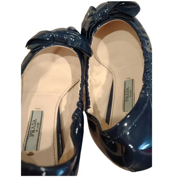 PRADA Navy Flats w/ Bows Elasticized Patent Leather Balletcore Shoes EU Sz 38.5