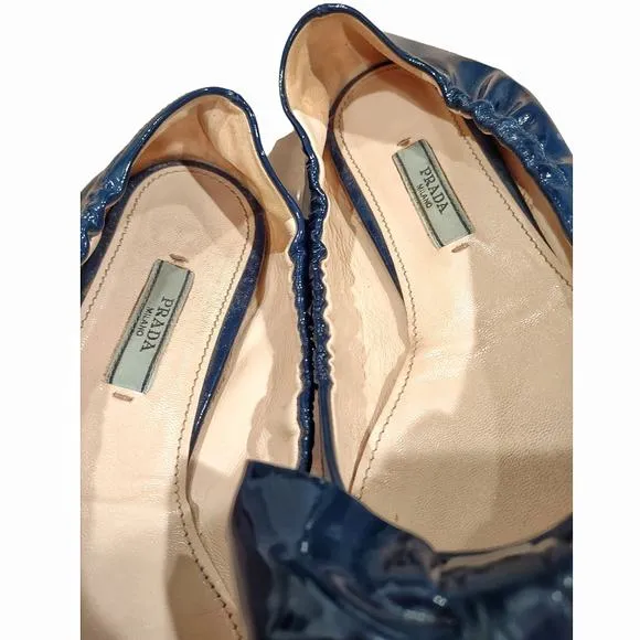 PRADA Navy Flats w/ Bows Elasticized Patent Leather Balletcore Shoes EU Sz 38.5