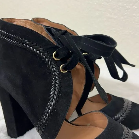 Pura Lopez Black Suede Heels Closed Toe Lace Up Block Heels Size 38 New