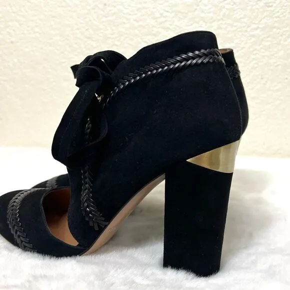 Pura Lopez Black Suede Heels Closed Toe Lace Up Block Heels Size 38 New