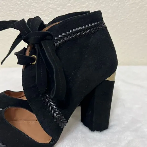 Pura Lopez Black Suede Heels Closed Toe Lace Up Block Heels Size 38 New