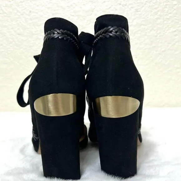 Pura Lopez Black Suede Heels Closed Toe Lace Up Block Heels Size 38 New