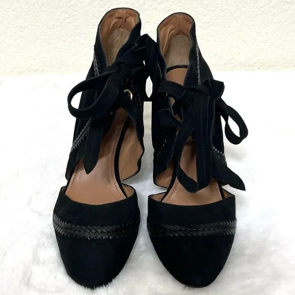 Pura Lopez Black Suede Heels Closed Toe Lace Up Block Heels Size 38 New