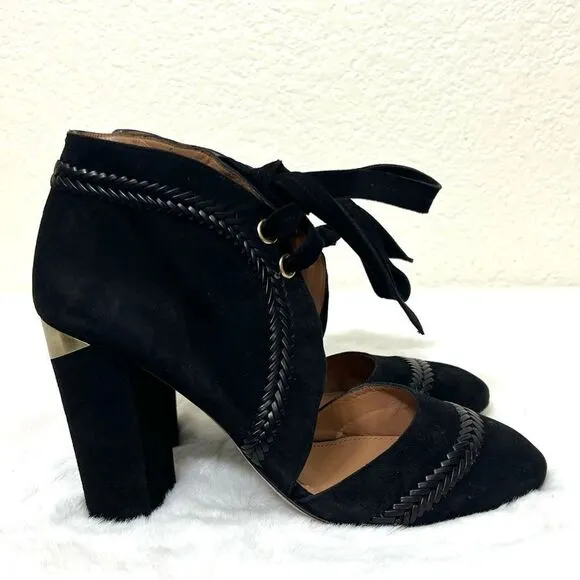 Pura Lopez Black Suede Heels Closed Toe Lace Up Block Heels Size 38 New
