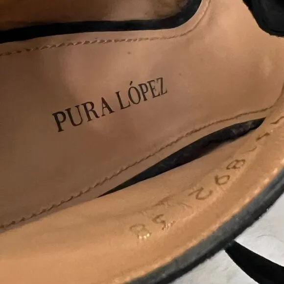 Pura Lopez Black Suede Heels Closed Toe Lace Up Block Heels Size 38 New