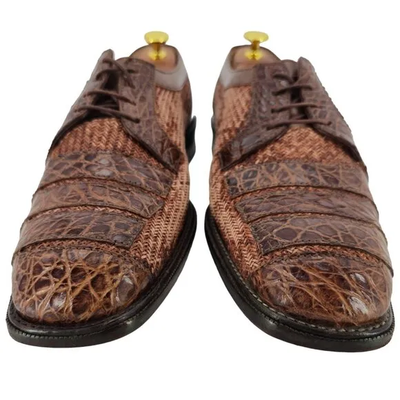 R. Martegani Italy Exotic Alligator and Woven Fabric Brown Dress Shoes Mens 9.5M