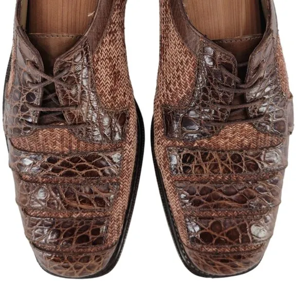 R. Martegani Italy Exotic Alligator and Woven Fabric Brown Dress Shoes Mens 9.5M