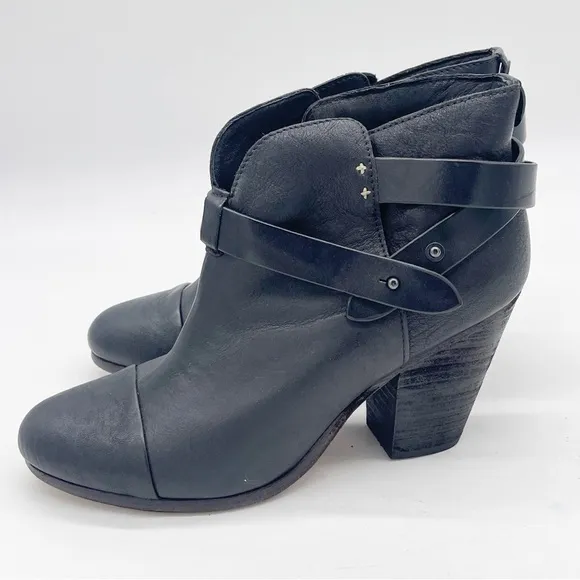 Rag &amp; Bone Strappy Black Leather Ankle Boots Size 8.5 Moto Minimalist Fall