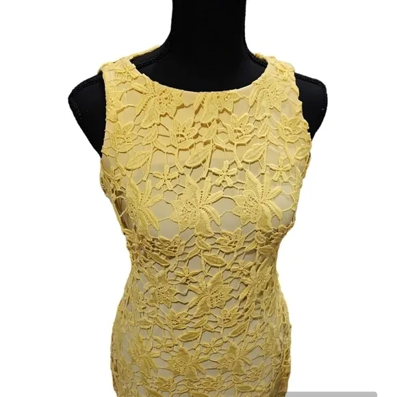 Ralph Lauren Island Yellow Crochet Lace Floral Formal Midi Sheath Dress Size 0