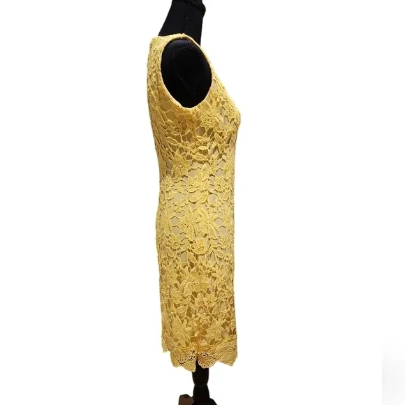Ralph Lauren Island Yellow Crochet Lace Floral Formal Midi Sheath Dress Size 0