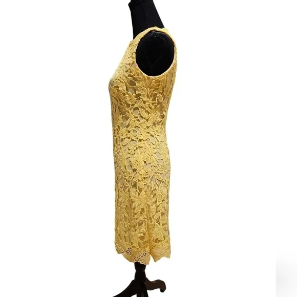 Ralph Lauren Island Yellow Crochet Lace Floral Formal Midi Sheath Dress Size 0