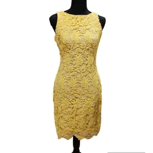 Ralph Lauren Island Yellow Crochet Lace Floral Formal Midi Sheath Dress Size 0