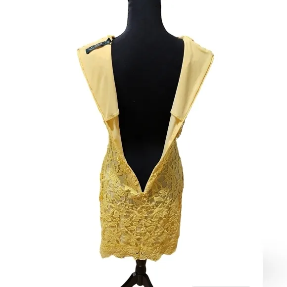 Ralph Lauren Island Yellow Crochet Lace Floral Formal Midi Sheath Dress Size 0