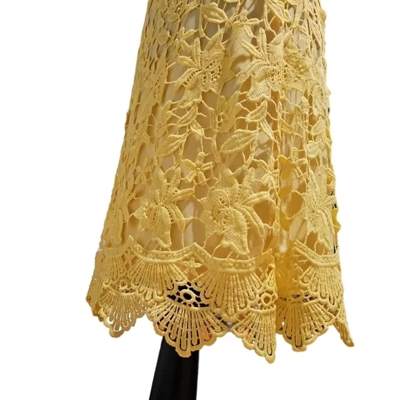 Ralph Lauren Island Yellow Crochet Lace Floral Formal Midi Sheath Dress Size 0