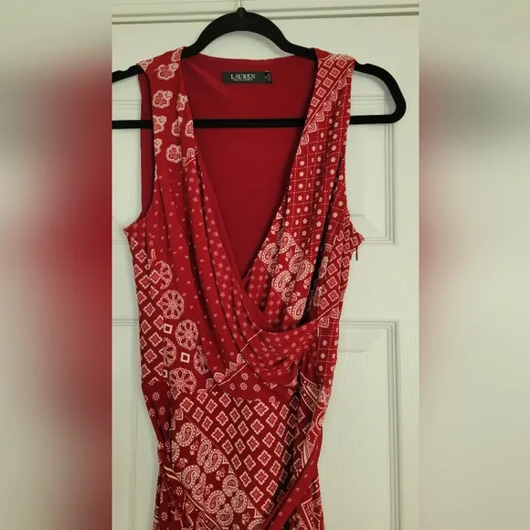 Ralph Lauren Maroon Red Paisley Sleeveless Maxi Wrap Dress Sz 12