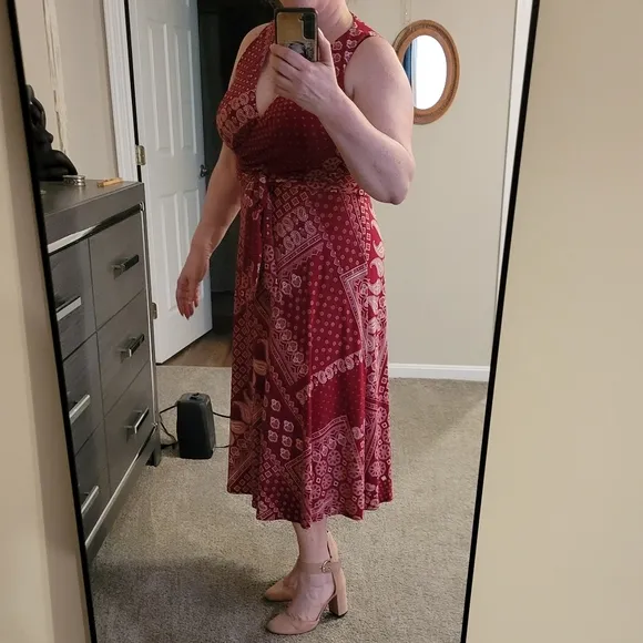 Ralph Lauren Maroon Red Paisley Sleeveless Maxi Wrap Dress Sz 12