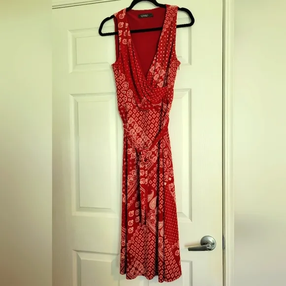 Ralph Lauren Maroon Red Paisley Sleeveless Maxi Wrap Dress Sz 12
