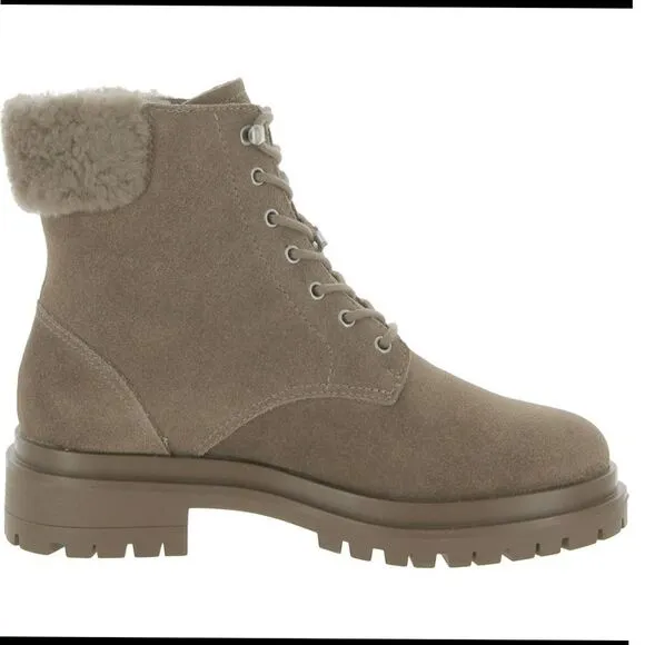 Ralph‎ Lauren Suede Combat Boots with Shearling Trim Taupe Lace-Up Winter