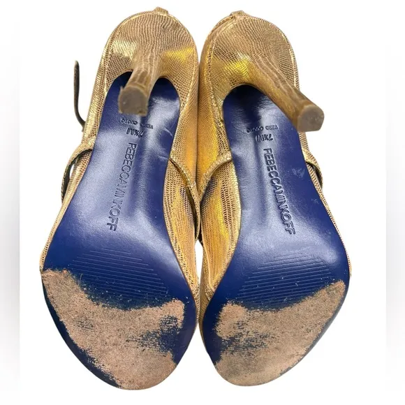 Rebecca Minkoff Penny Embossed Gold Mary Janes Scalloped Heels 7.5M Strappy