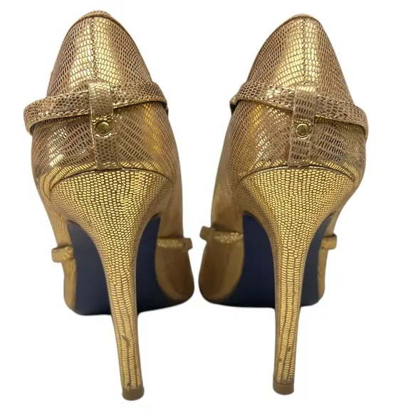 Rebecca Minkoff Penny Embossed Gold Mary Janes Scalloped Heels 7.5M Strappy