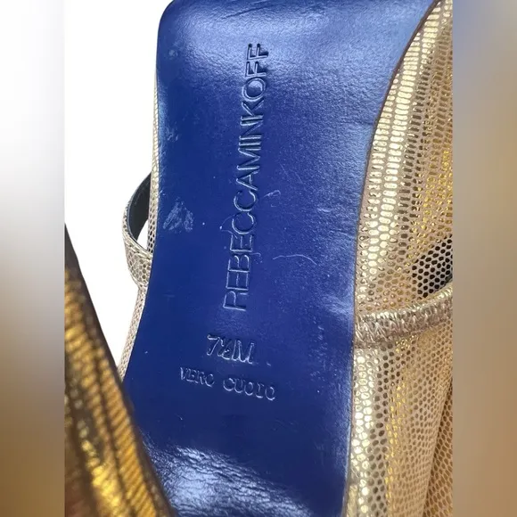 Rebecca Minkoff Penny Embossed Gold Mary Janes Scalloped Heels 7.5M Strappy