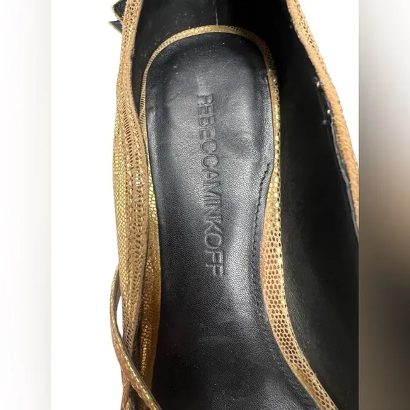 Rebecca Minkoff Penny Embossed Gold Mary Janes Scalloped Heels 7.5M Strappy