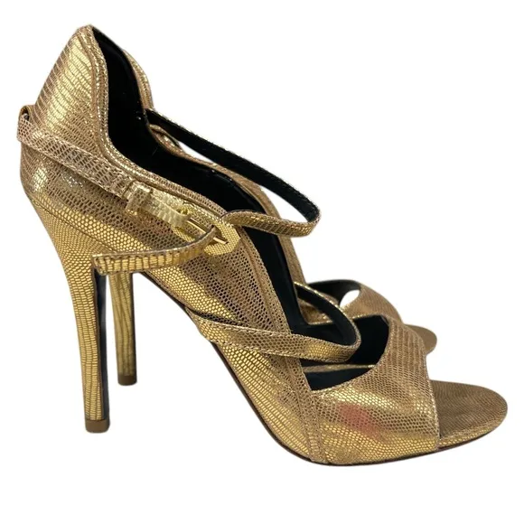 Rebecca Minkoff Penny Embossed Gold Mary Janes Scalloped Heels 7.5M Strappy