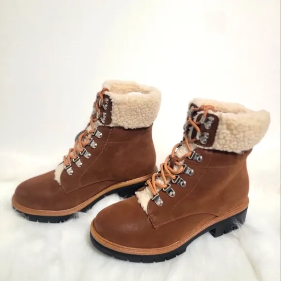 REDUCED -- MIA Cognac Brown Lace-up Faux Shearling Round Toe Lug Sole Boot - 8M