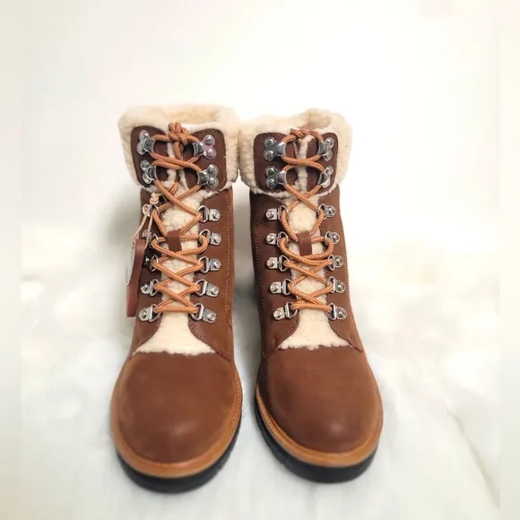 REDUCED -- MIA Cognac Brown Lace-up Faux Shearling Round Toe Lug Sole Boot - 8M