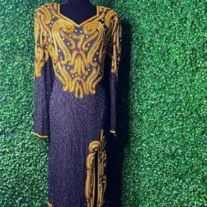 Right Choice  Vintage 80's Black and Gold Beaded Formal Gown