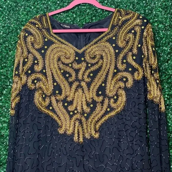 Right Choice  Vintage 80's Black and Gold Beaded Formal Gown