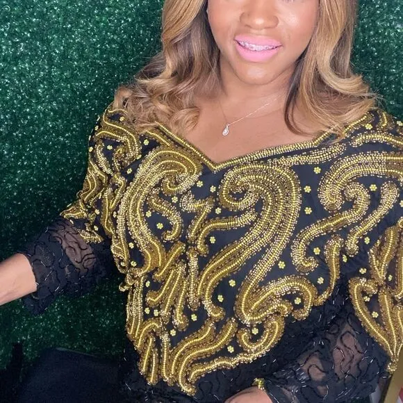 Right Choice  Vintage 80's Black and Gold Beaded Formal Gown
