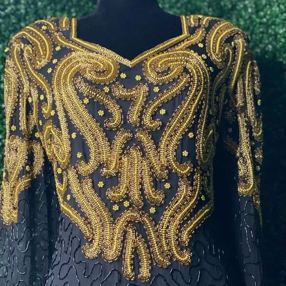 Right Choice  Vintage 80's Black and Gold Beaded Formal Gown