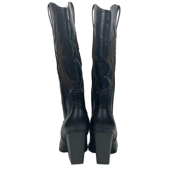 Rita Ora x Primark-Black Leather Knee-High 3&quot; Heel Western Pattern Boots- 145478