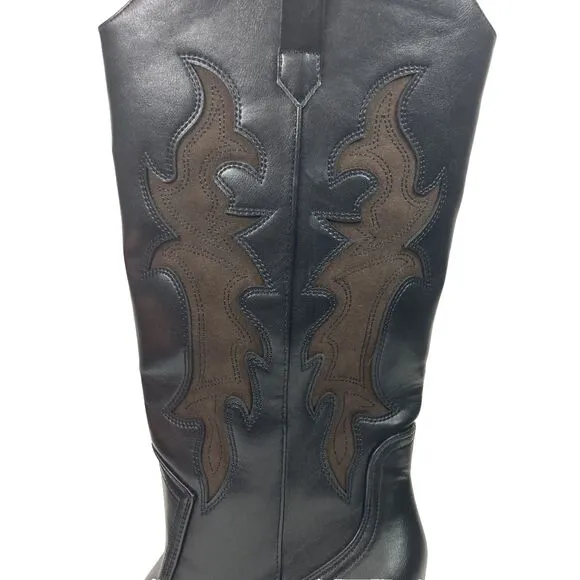 Rita Ora x Primark-Black Leather Knee-High 3&quot; Heel Western Pattern Boots- 145478
