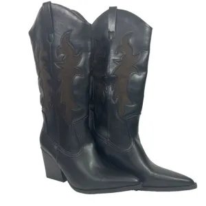 Rita Ora x Primark-Black Leather Knee-High 3&quot; Heel Western Pattern Boots- 145478