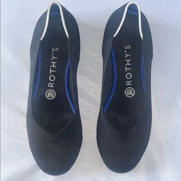 Rothy's Black Knit Round Toe Flats Classic Ballet White Trim Heel Size 7.5