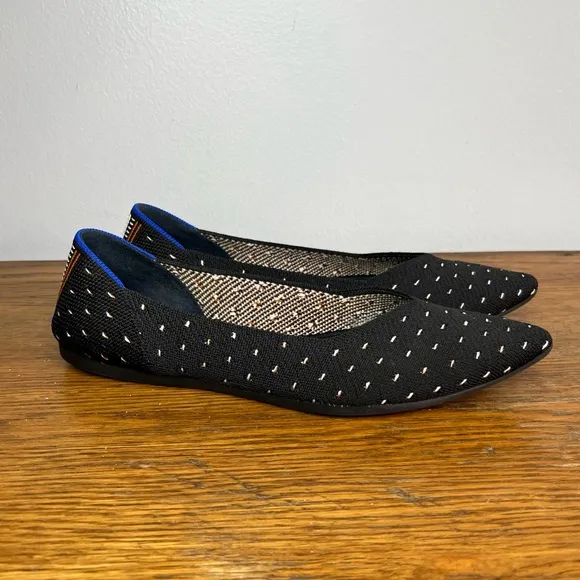 Rothy's Size 8.5 • The Point Ivory Dot Black Polka Dot Knit Ballet Flats Shoes.