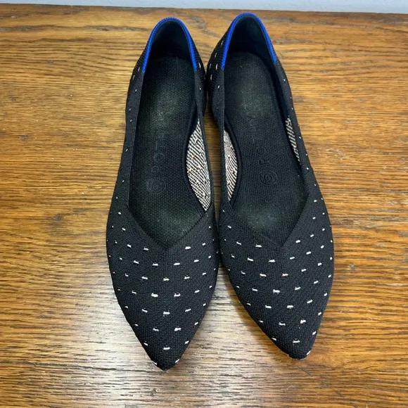 Rothy's Size 8.5 • The Point Ivory Dot Black Polka Dot Knit Ballet Flats Shoes.
