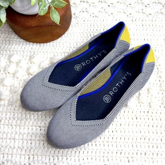 Rothy's The Flat Shale Ribbon Yellow Stripe Round Toe Ballet Shoes 8
